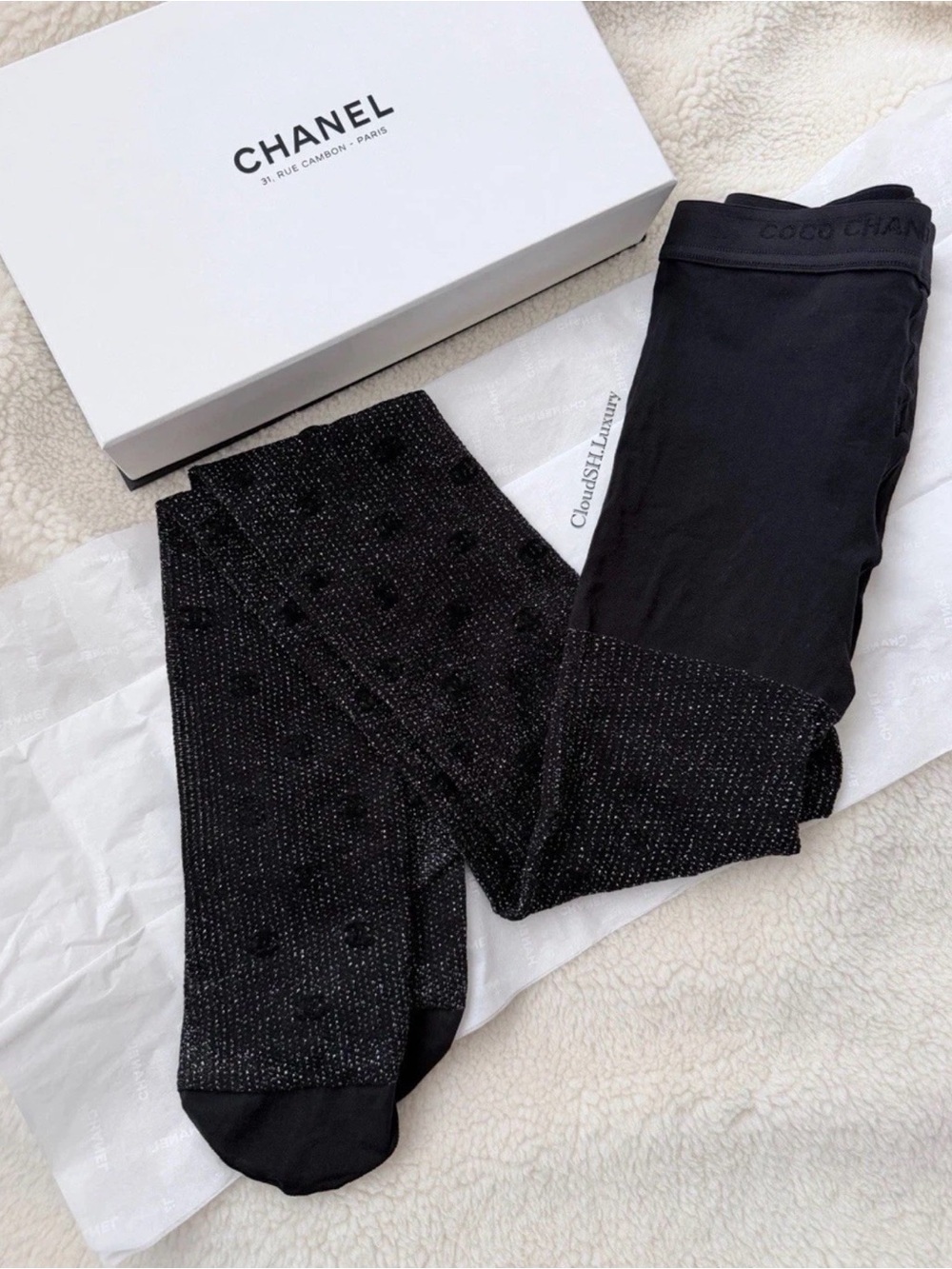 Auth Chanel 24B Shimmer CC Logo Black Knit Tights - Size S